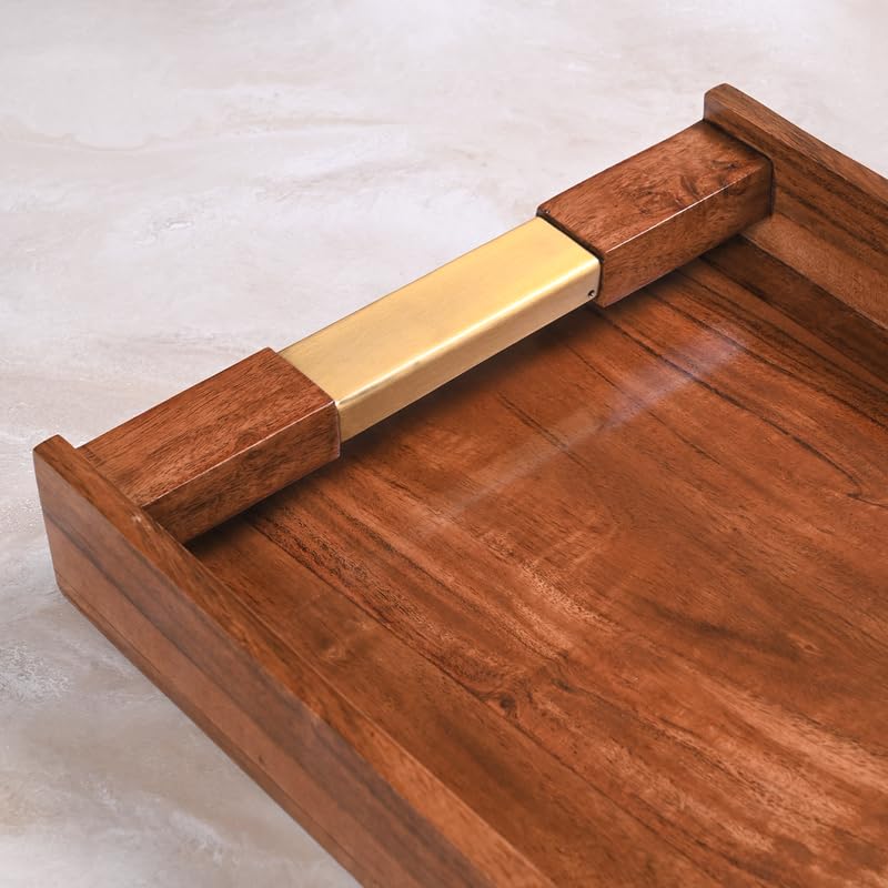 Image of Wooden Serving Tray with Stylish Handle - 15 Inch Rectangular Wooden Tray for Coffee Table, Kitchen, Breakfast & Home Decor | Multipurpose Organizer & Gift (Brass Inlay Corner Accents)