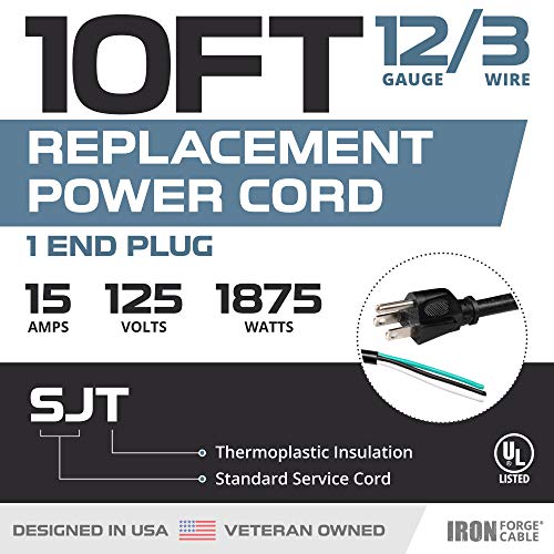 12 Awg Replacement Power Cord With Open End - 10 Ft Black Extension Cable, 12/3 Sjt, Nema 5-15P #TOP1