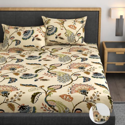 Image of Vram Premium Heavy Cotton Elastic Fitted Bedsheets with 2 King Size Pillow Covers | Diwan Bed with All Around Elastic 350 TC | 48 x 78 x 8 Inch Diwan Size Fitted | :- Jaipuri Peacock