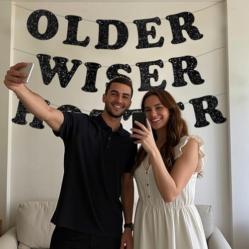 Image of 3pcs Pre-Strung Older Wiser Hotter Banner Funny Black Birthday Bunting Sign for Women Men 30th 40th 50th 60th 70th 80th Birthday Party Decorations