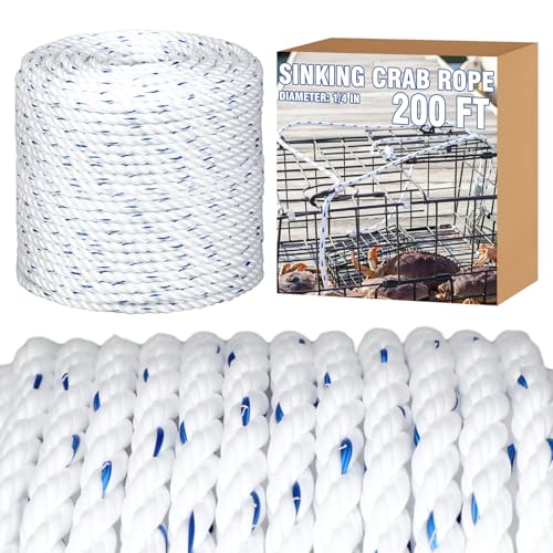 Wesnoy Sinking Line Leaded Core Rope for Crab Trap and Shrimp Pot Crab Trap Rope Strands Twist PP Line for Harness Fishing Industry, 3 Sizes: 1/4' Dia-200', 1/4' Dia-400', 5/16' Dia-400'