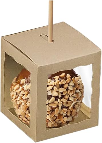 Cajas de manzana caramelo con agujero, paquete de 12, cajas de papel kraft brillante de 4 x 4 x 4 pulgadas con bordes festoneados, suministros de