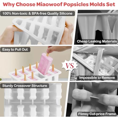Image of 10-Cav Popsicle Molds, Silicone Ice Pop Mold for DIY Frozen Treats | with 10 Reusable Sticks, 50 Wooden Sticks, 50 Storage Bags, Funnel, Brush, Recipe, Make Healthy Pops, Smoothies, Juice