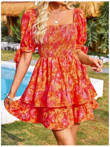 Image of Floerns Women's Floral Print Puff Sleeve Square Neck Tiered Layer Shirred Dresses