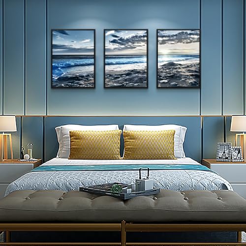 Lapremoly Black Framed Wall Art For Living Room Large Wall Decor For Bedroom Office Decorations Blue Beach Seascape Wall Pictures Ocean Landscape Painting Poster Prints Artwork Home Decor 3 Piece