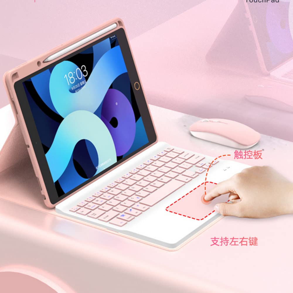 Étui clavier et souris pour iPad Air 2/Air 1, clavier tactile sans fil amovible, [texture de tissu] Couverture multi-angles avec porte-crayon, rose