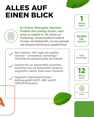 vit4ever Vitamin A - 10.000 I.E. (3000 µg) - 365 Tabletten - Alternative zu Kapseln - Hochdosiertes Retinylacetat - Ohne unerwünschte Zusätze - Augen, Haut, Immunsystem - Vegan
