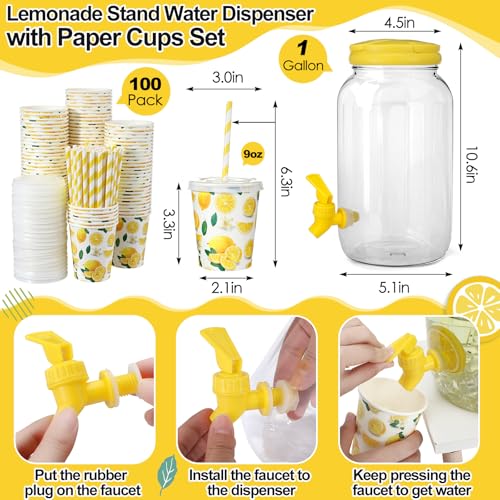 Image of Glitopper 204 Pcs Lemonade Stand Supplies Kids Include 1 Gallon Lemon Plastic Drink Dispenser Burlap Banner Lemonade Apron and 100 Paper Cups with Lids Straws for Summer Lemon Stand Birthday(Yellow)
