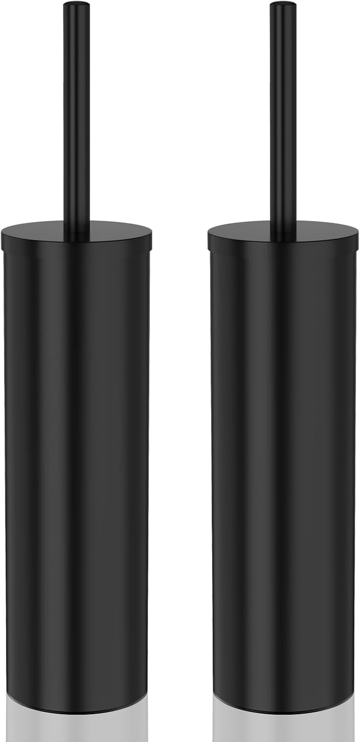DOWRY Toilet Bowl Brush and Holder for Bathroom, Deep Cleaning Toilet Brush and Holder Set with Long Handle, Hidden Toilet Bowl Brush with Replaceable Head,Modern Decor Black Round 2PCS