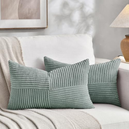 Image of Fancy Homi 2 Packs Grey Blue Long Lumbar Decorative Throw Pillow Covers 16x24 Inch for Couch Bed Sofa, Rustic Farmhouse Boho Home Decor, Soft Striped Corduroy Rectangle Accent Cushion Case 40x60 cm