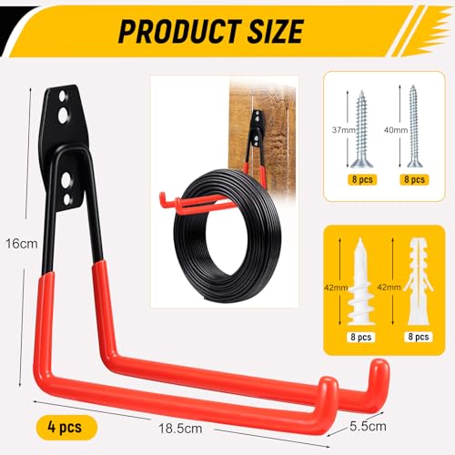 Fippy 4 Stück Wandhaken Garage Schwerlast Garagenhaken Wandhaken Gummiert Garagenhaken Garage Wand Haken für Leiter Geräte Werkzeuge Stuhl Schlauch Fahrrädern (orange)