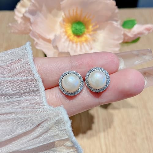 Real Pearl 925 Sterling Silver 9MM Cultured Freshwater Pearl Stud Earrings with Cubic Zirconia for Women, Handpicked Jewelry Gifts for Her3