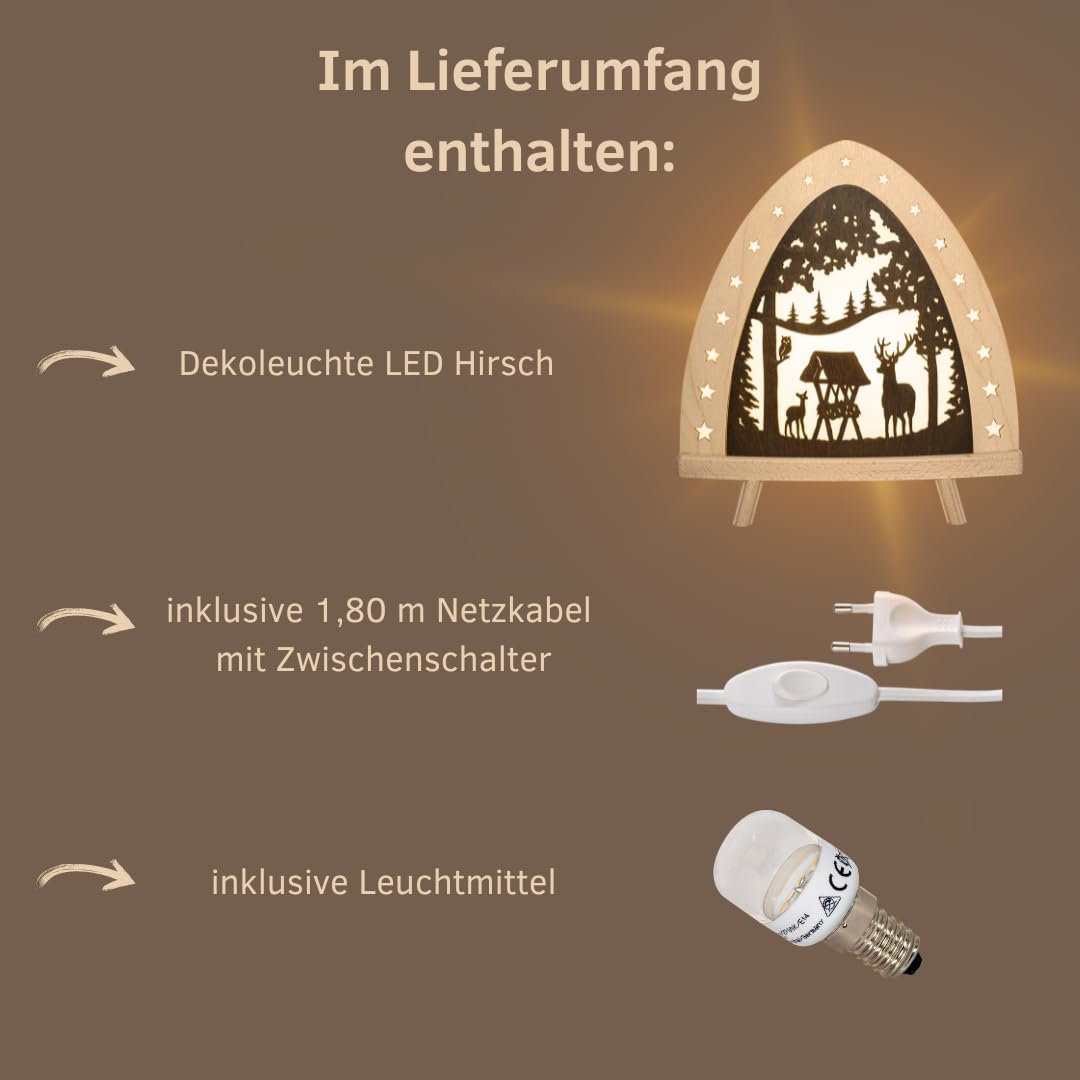 weigla - Dekoleuchte original Erzgebirge I Motiv Hirsch I 1 LED Lampe I 0,8 W, E14 I Weihnachtsdeko innen I Weihnachtsbeleuchtung aus Holz I Fensterdeko