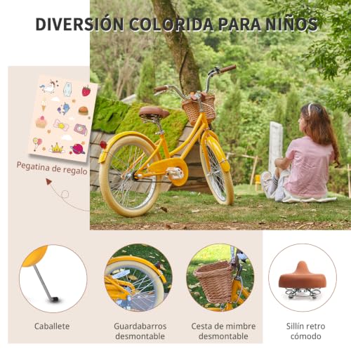 Miniatura 5 de Glerc 20 Pulgadas Niños Niñas Bicicleta Para 7 8 9 10 11 12 13 Años Niñas Retro Estilo Vintage Bicicletas Con Cesta Ruedas De Entrenamiento Y Campana, Jaune