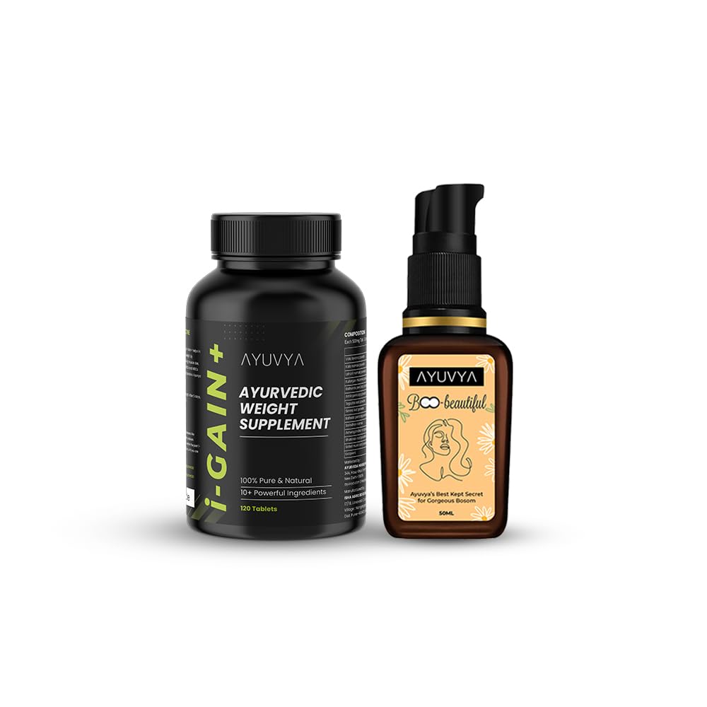 Ayuvya Ayurvedic i-Gain+ Weight Supplement & Women’s Massage Oil - Boosts Muscle Mass, Relieves Discomfort | Pack of 2