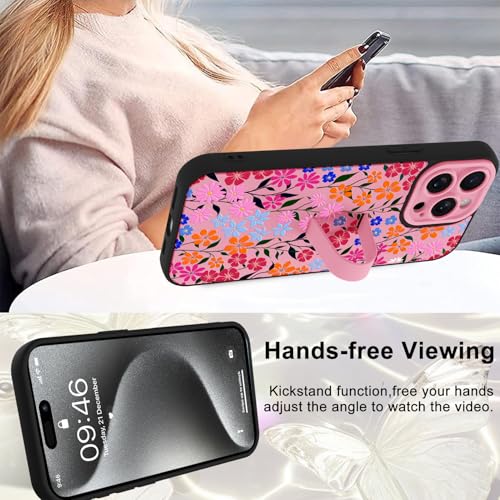 Image of for iPhone 15 Pro Max Case with Finger Strap Holder, Cute Colorful Floral Flower Print Pattern Design for Women Girls, Shockproof Anti Scratch Hand Kickstand Protective Cover, Pink