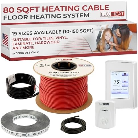 LuxHeat 80sqft Floor Heating Cable Kit - 120v Underfloor Heating System - Heated Flooring System Includes UDG4 Programmable Thermostat w/GFCI, Heated Floor Cable, Strapping, Sensor & Alarm