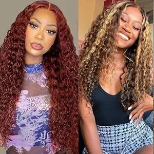 Reddish Brown 13x4 Deep Wave Lace Front Wigs Human Hair 26 Inch+Highlight Ombre 13x4 Deep Wave Lace Front Wigs 30 Inch