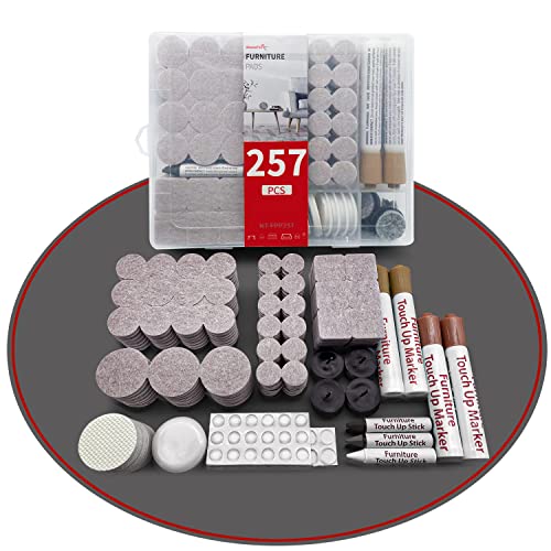 Shinfly Patins en Feutre, 257 Pcs Patin Chaise, Feutrine Autocollante à Forte AdhéRence, 5mm D'éPaisseur Patins pour Meubles, Tampon Chaise -Patins Glisseurs pour Meubles (7 Tailles) Cover