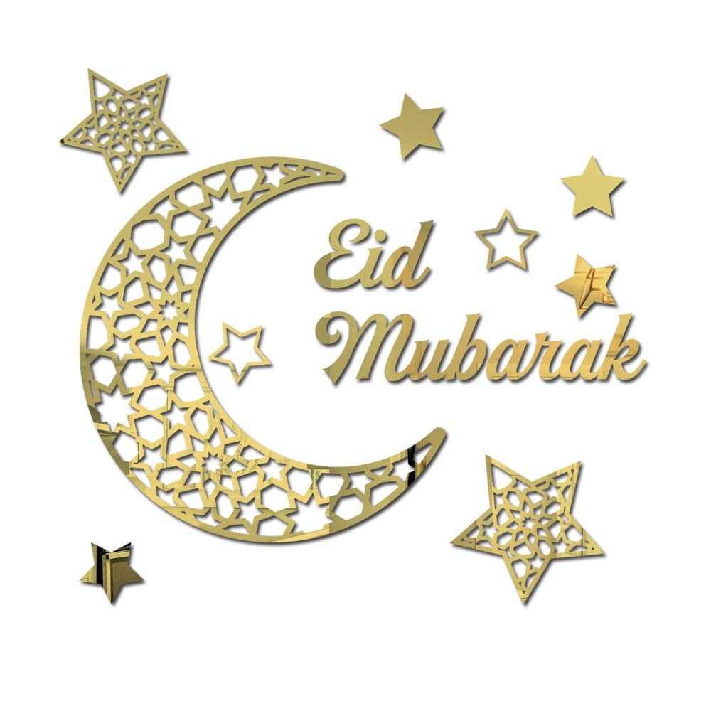 BPA Eid Mubarak Wall Stickers,Islamic Muslim Mirror Stickers,Eid Mubarak Gold Wall Decals for Ramadan Eid Mubarak,Hajj,Eid Al Adha Decorations (Big Golden Moon)