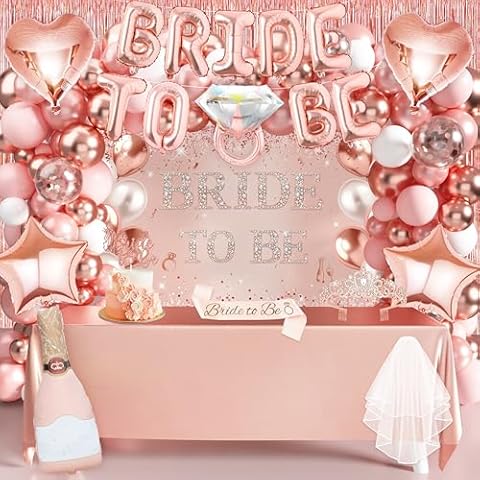 Bachelorette Party Decorations Rose Gold Bridal Shower Decorations with Balloon Arch Bride To Be Sash Veil Crown Backdrop Cake Topper Fringe Curtain for Engagement Wedding Bachelorette Party Decor Cover