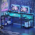 Gaming Tisch, 181x80 cm Schreibtisch mit LED-Leuchten, L-förmiger Schreibtische mit 3 AC-Steckdosen und 2 USB Ladeanschluss, Computertisch mit großzügiger Monitorablage, Kohlefaser Schwarz – Bild 4