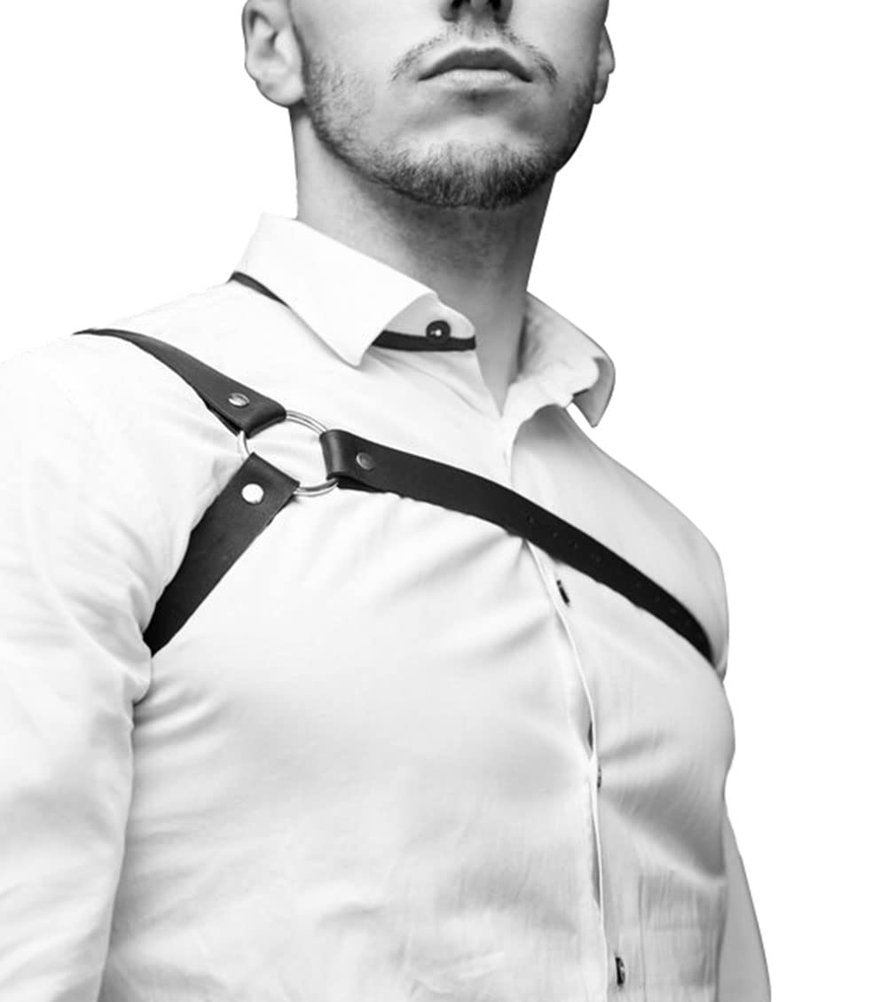 Men's Black Leather Body Chain Chest Harness Belt Shoulder Straps Adjustable Buckle Straps Costume Party Carnival