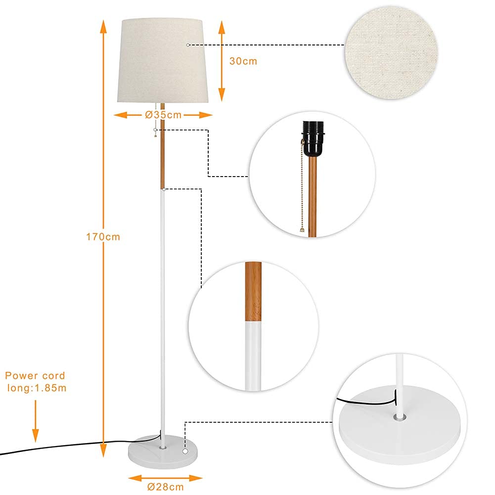 BAKAJI Lampada Piantana da Terra Luce Lampadina E27 Max 60W Base Rotonda Struttura in Metallo e Legno Paralume in Tessuto Design Moderno Accensione a Catena Altezza 170 cm (Bianco)