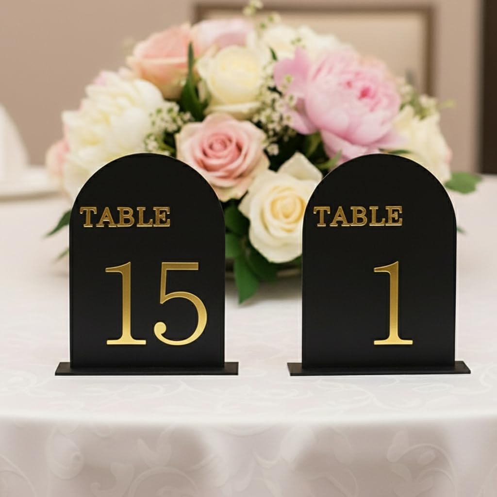 Arch Wedding Table Numbers 1-15 with Stands, 6" X 7" Double Sided Acrylic Wedding Sign Holders, Durable Non-Fading Table Number for Wedding Reception, Events, and Centerpieces Gray Black 1-15