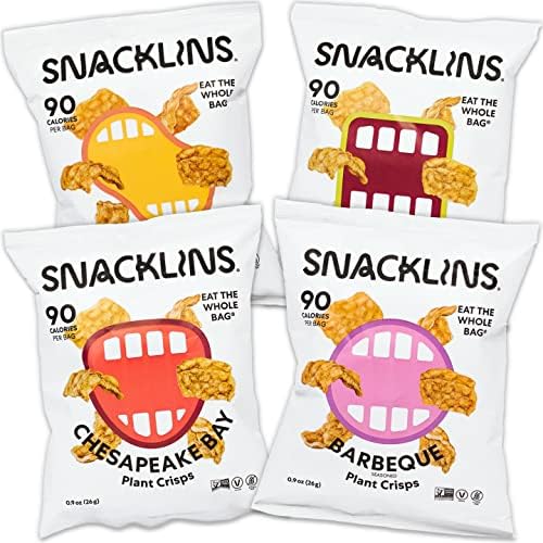 SNACKLINS Plant Based Crisps 4 Flavor Variety - Nacho, BBQ, Teriyaki, Chesapeake Bay - Gluten Free, Grain Free, 100% Kosher, Vegan Healthy Snacks, No Added Sugar Crunchy Puffed Snack - .9oz Bag (Case of 48)