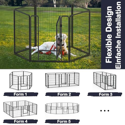 XMTECH 6-teilig Welpenlaufstall Freilaufgehege Hundelaufstall 80cm hoch, Welpenauslauf mit 1 Türen & 5X Erdanker, flexibel und faltbar, Welpengitter für Wohnung & Garten