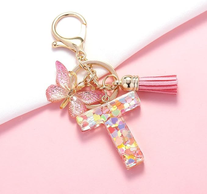 Image of GEOCARTER Lightweight Fashion Initial Letter Key Ring with Butterfly Pendant & Tassel, Stylish Purse Charm for Handbags, Car Keys, Gifts for Girls & Women