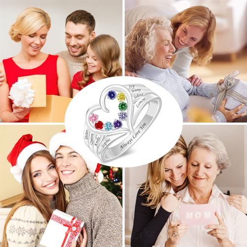 LucySkyCustom Birthstone Rings with 1-8 Birthstones Engraved Name Ring Heart for Wedding Valentine's Day Mother's Day Birthday Anniversary 6