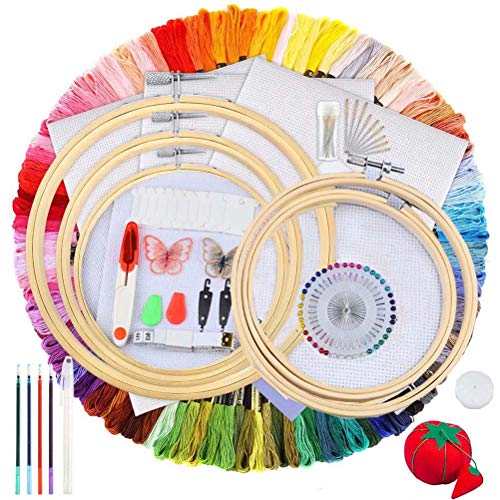 toptry - Full Range Embroidery Starter Set Including 5 Pieces Bamboo Embroidery Hoops, 100 Colors Embroidery Threads, 2 Pieces Aida Cloth and Cross Stitch Tool Kit for Beginners (100 Embroidery Thread (New))