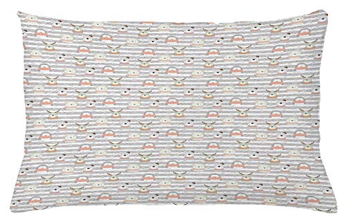 Lunarable Cartoon Throw Pillow Cushion Cover, Hand Drawn Animals Penguins Deer Bears and Dogs on Greyscale Stripped Background, Decorative Square Accent Pillow Case, 26