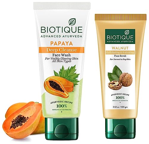 Image of Biotique Bio Papaya Visibly Flawless Skin Face Wash For All Skin Types, 150ml & Biotique Bio Walnut Purifying and Polishing Scrub, 100g