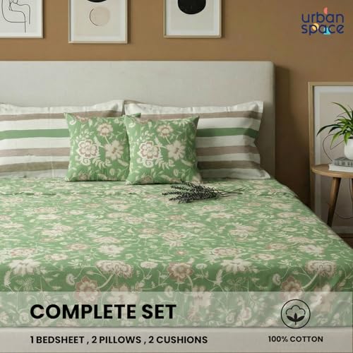 Image of Urban Space 144 TC Divine 100% Cotton Bedsheet for Double Bed with 2 Pillow Covers and 2 Cushion Covers, Queen Bedsheet (Size 90 x 100 inches, Viola Sage Green, Double)