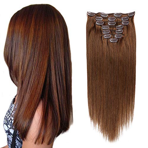 Clip in Hair Extensions Remi Human Hair for Women Full Head Remy Human Hair Clip in Extensions Double Weft Thick Straight Silky Real Hair Extensions 14inch 8pcs 100g/3.52Oz Chestnut Brown