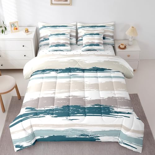Erosebridal Abstract Blue 7 Piece Comforter Set Set King Size Modern Grey Brown Striped Bedding Set for Boys Geometric Aesthetic Oil Painting Bed in A Bag Minimalist Simple Watercolor Sheet Set