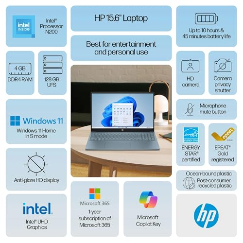 Image of HP 15.6 inch Portable Laptop (Include 1 Year Microsoft 365), HD Display, Intel Quad-Core N200 Processor, 16GB RAM, 128GB PCIe SSD, Wi-Fi 6, Webcam, HDMI, Numeric Keypad, Windows 11 Home, Moonlight Blue