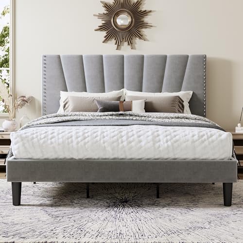 Image of Allewie King Size Velvet Platform Bed Frame with Adjustable Headboard, Grey | Height-Adjustable Velvet Headboard, Rivet-Style Nailhead Trim, Wooden Slat Support, No Box Spring Needed, Easy Assembly