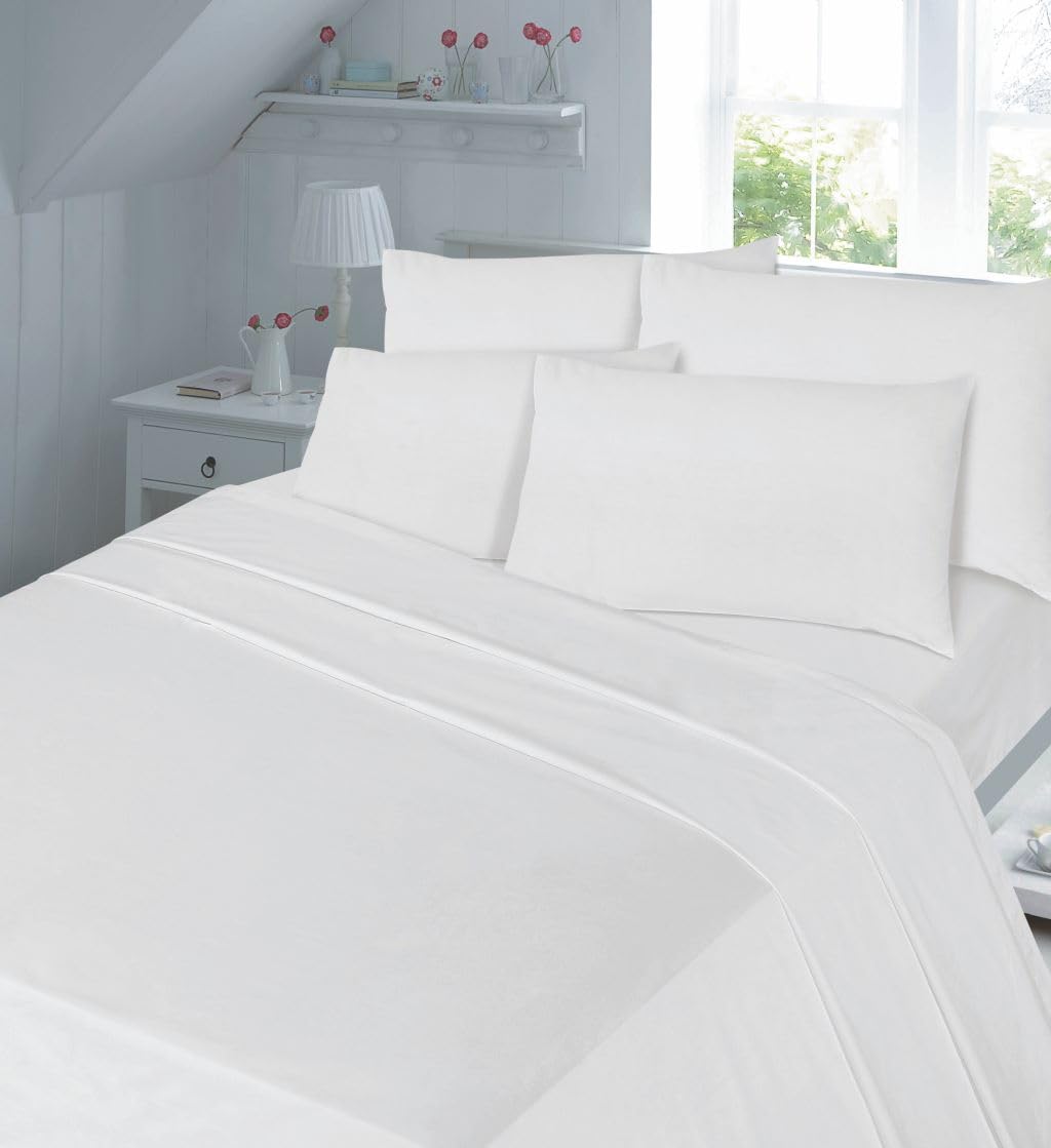 Dazzle Collection Flat Sheet 180 Thread Count Polycotton | 50% Cotton 50% Polyester | Non Iron Plain Flat Sheet Machine Washable (Single, White)