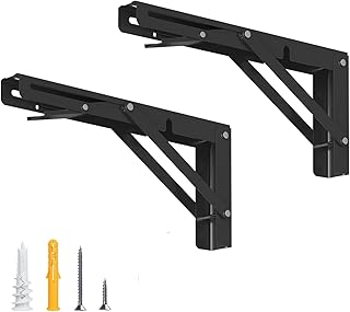 LuckIn 16 Inch Folding Shelf Brackets, Heavy Duty Collapsible Triangle Shelf Brackets for DIY, Wall Mounted Folding Shelves Foldable Table, Max Load 300 lbs, Matte Black, 2 Pcs