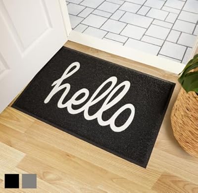 Gorilla Grip 100% Water Resistant All Weather Hello Door Mat, Dirt Grabber Mesh Welcome Doormat, Stain and Fade Resistant, Low Profile Entryway Mats for Home Front or Back Entrance, 30x17 Black/White