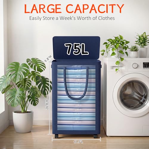 Image of Slim Laundry Hamper with Wheels,20 Gal (75L) Rolling Laundry Basket with lid and wheels Clothes Hamper Foldable Tall Dirty Clothes Basket Sturdy Collapsible Clothes Hamper for Dorm,Laundry Room