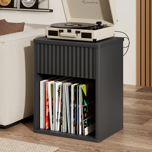 Image of Fluted Black Nightstands Set of 2 w /Charging Station, Wooden End Table Bed Side Table with Curved Drawer, Mid Century Modern Fluted Night Stand with Rounded Edge for Bedroom, Living Room