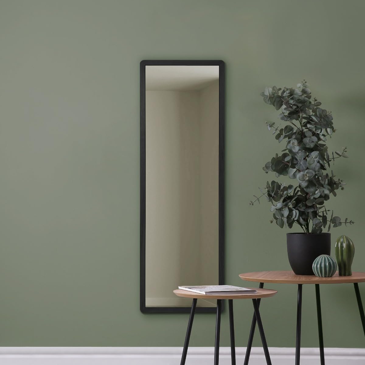 MirrorOutlet The Naturalis - Solid Black Oak Rounded Corners Modern Leaner Wall Mirror 47" X 15.7" (120CM X 40CM) 48m deep frame Premium Mirror Glass with Black Backing. Scandinavian Inspired!