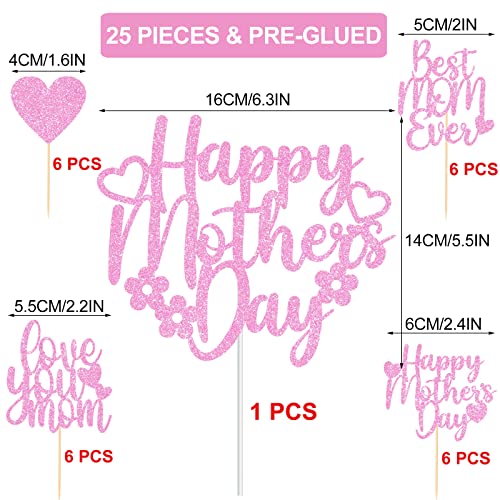 Jozon 25 Pcs Glittery Pink Happy Mother's Day Cake Topper And Best Mom Ever Love You Mom Cupcake Topper Set Mothers Day Party Cupcake Picks Cake Decorations Supplies #TOP2