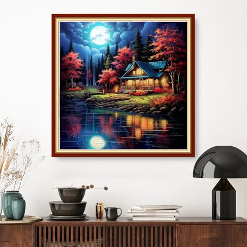Image of Dimxvean Stamped Cross Stitch Kits,Cross Stitch Kits for Adults Beginners,Embroidery Kits Full Range of Cross Stitch Stamped Kits Needlepoint Kits Cross Stitch Patterns-The Lake House 18x18 inch