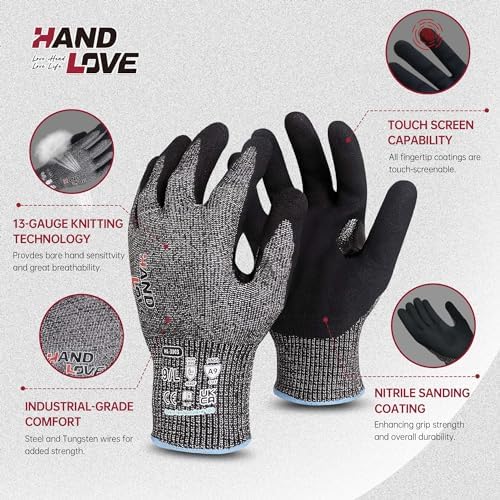 HandLove Cut Resistant Gloves – ANSI A9 Cut Proof Safety Work Gloves | Sandy Nitrile Anti-Slip, Touchscreen, Durable, PFAS Free | Wood Carving, Gardening, Glass Cutting, Car Repair – Yellow,1Pair,L - Image 2
